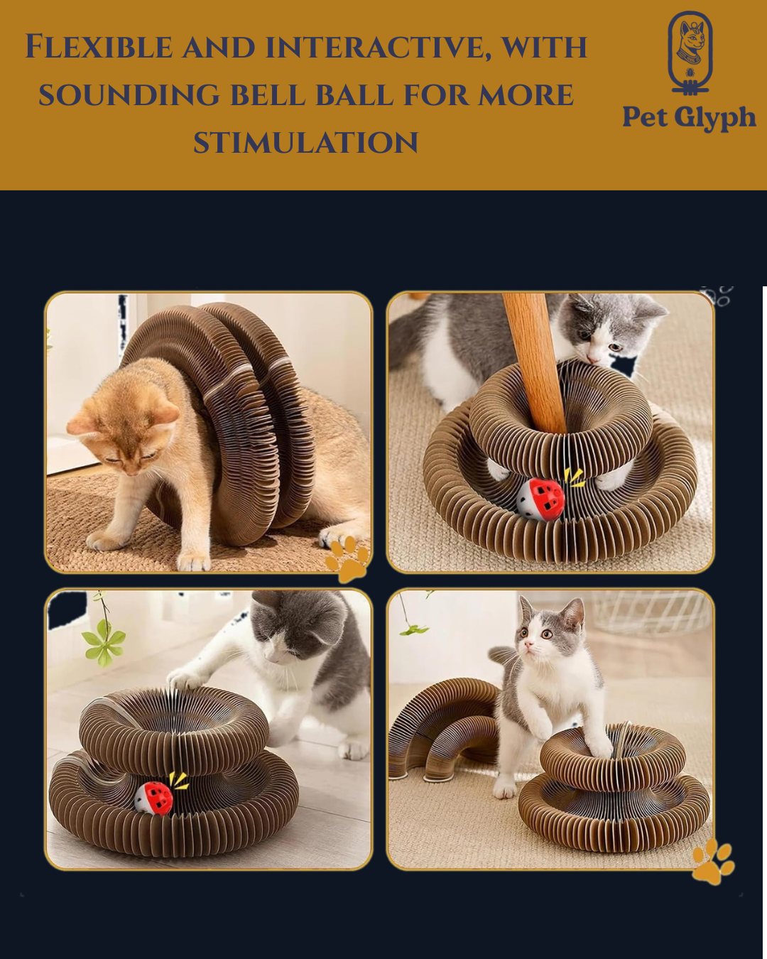 Interactive Paper Scratch Toy from petglyph. Corrugated Cat Toys with Sounding Bell Ball. Foldable Toys with Easy Magnetic Assembly. Perfect for Indoor Cats.