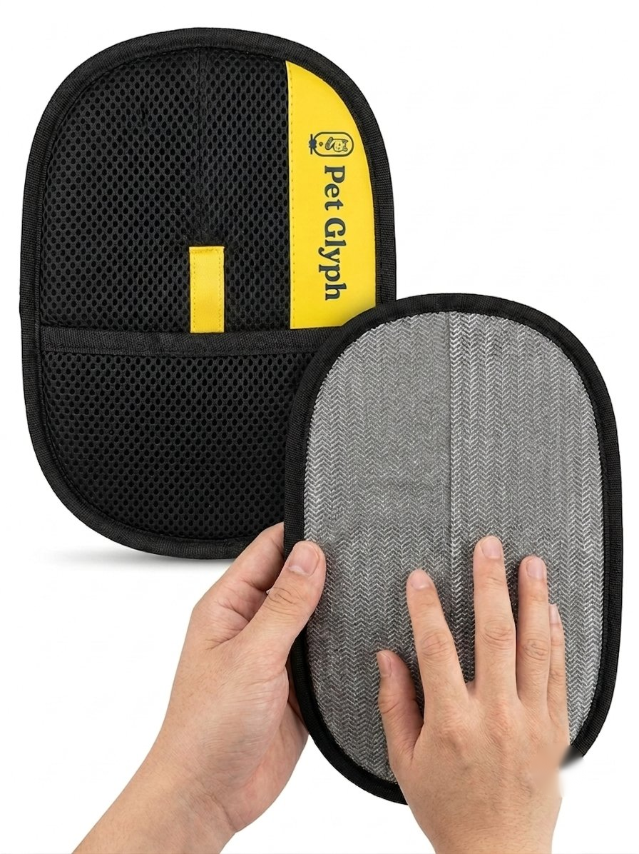 Pet Hair Removal Glove from PetGlyph. Double Sided Ergonomic Style. Static Powered for Easy Effective Use. Reusable and Eco-Friendly. Works on Furniture, Clothing, Floor Mats, Rugs and Car Seats.