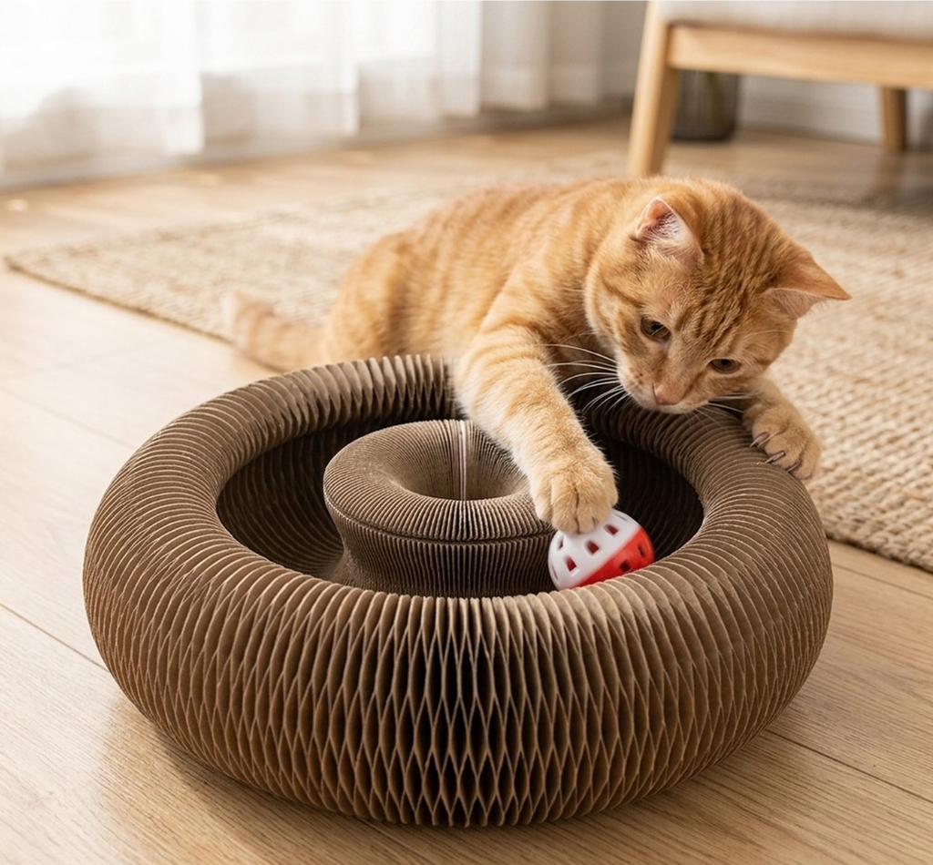 Interactive Paper Scratch Toy from petglyph. Corrugated Cat Toys with Sounding Bell Ball. Foldable Toys with Easy Magnetic Assembly. Perfect for Indoor Cats.