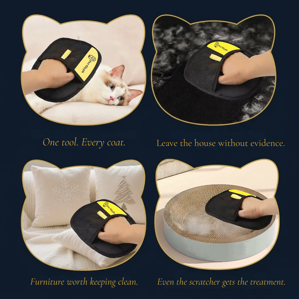 Pet Hair Removal Glove from PetGlyph. Double Sided Ergonomic Style. Static Powered for Easy Effective Use. Reusable and Eco-Friendly. Works on Furniture, Clothing, Floor Mats, Rugs and Car Seats.