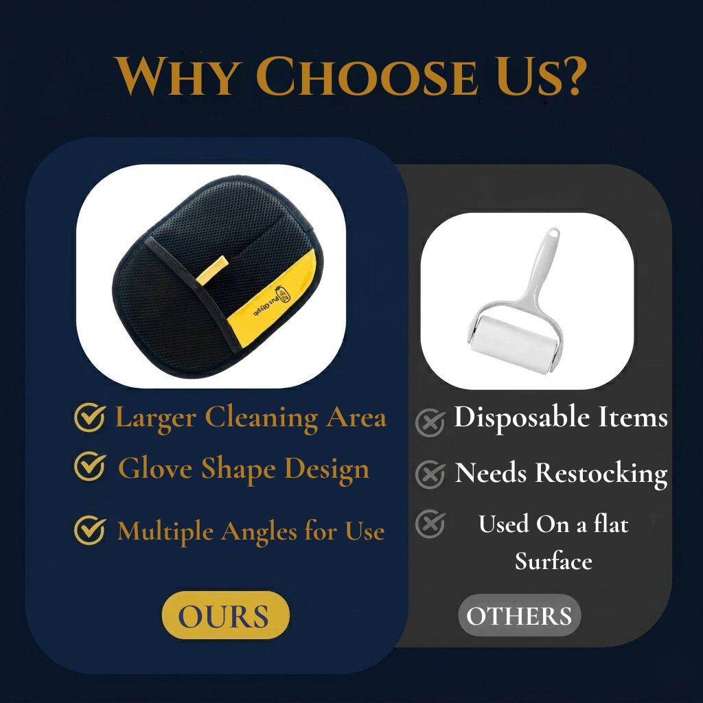 Pet Hair Removal Glove from PetGlyph. Double Sided Ergonomic Style. Static Powered for Easy Effective Use. Reusable and Eco-Friendly. Works on Furniture, Clothing, Floor Mats, Rugs and Car Seats.